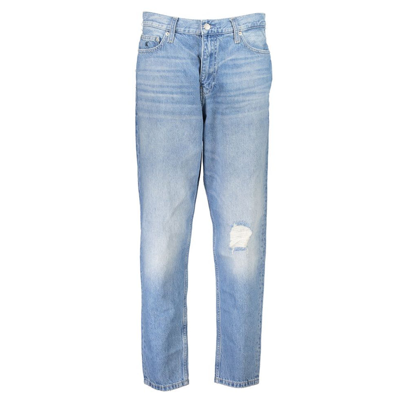 Blue Cotton Women JeansDiscover the quintessence of vintage flair with Calvin Klein’s iconic MOM Jeans. Tailored for the trendsetters, these jeans feature a classic five-pocket design blended with a washed and worn effect that exudes an effortlessly chic