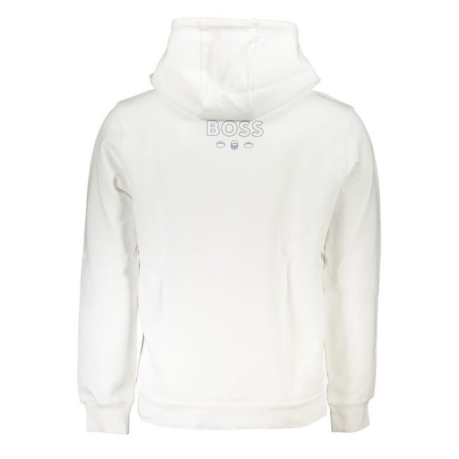 White Cotton Men Sweater with HoodEmbrace the epitome of modern sophistication with the Hugo Boss hooded sweatshirt. Designed for the style-conscious individual, this stunning white piece is adorned with a bold printed logo, making a definitive statement.