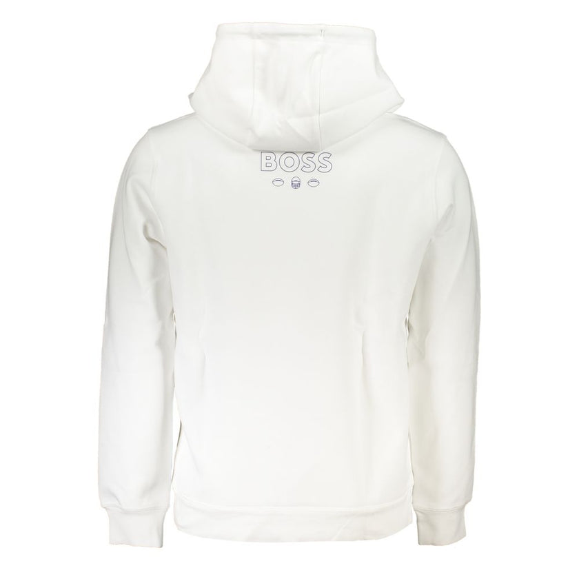 White Cotton Men Sweater with HoodEmbrace the epitome of modern sophistication with the Hugo Boss hooded sweatshirt. Designed for the style-conscious individual, this stunning white piece is adorned with a bold printed logo, making a definitive statement.