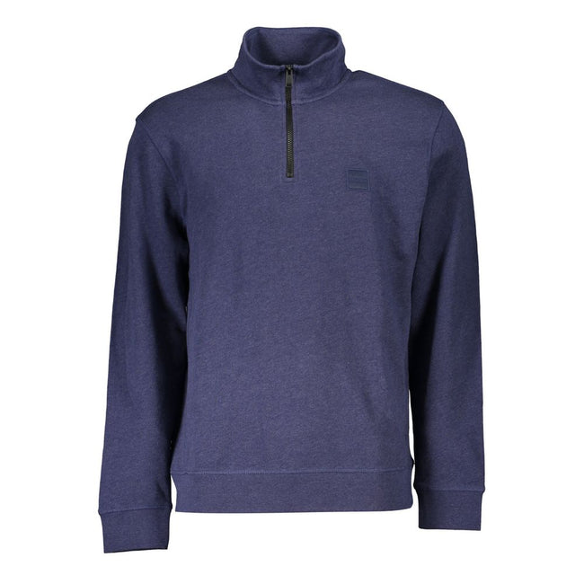 Blue Cotton Men Sweater with Half Zip ClosureElevate your wardrobe with the sleek sophistication of Hugo Boss’s latest creation. This long sleeve sweatshirt seamlessly blends comfort with contemporary style. Featuring a brushed finish and a smart half-zip