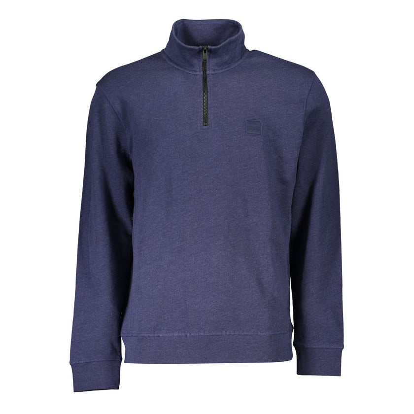Blue Cotton Men Sweater with Half Zip ClosureElevate your wardrobe with the sleek sophistication of Hugo Boss’s latest creation. This long sleeve sweatshirt seamlessly blends comfort with contemporary style. Featuring a brushed finish and a smart half-zip