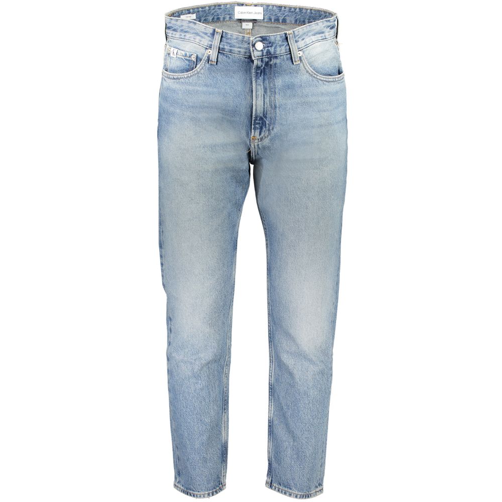 Blue Cotton Men JeansStep into the epitome of cool confidence with these authentic Calvin Klein Dad Jeans, designed for the daring and stylish. Meticulously crafted with 20% recycled cotton, they boast a washed effect for that perfect lived-in look. Top-n