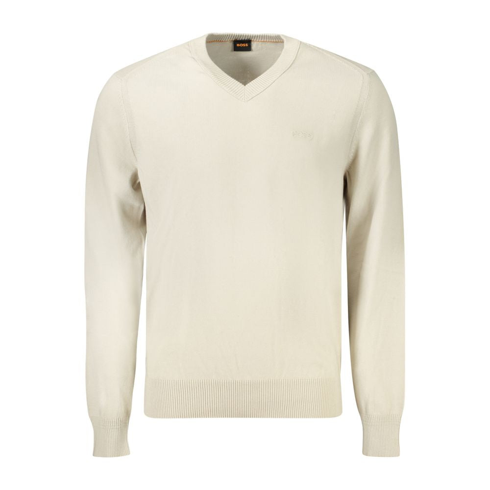 Beige Cotton Men SweaterElevate your wardrobe with the impeccable sophistication of Hugo Boss. This long-sleeved V-neck T-shirt is a testament to understated luxury. Crafted from a sumptuous blend of 85% cotton and kapok, it offers unparalleled comfort wi