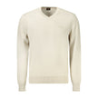 Beige Cotton Men SweaterElevate your wardrobe with the impeccable sophistication of Hugo Boss. This long-sleeved V-neck T-shirt is a testament to understated luxury. Crafted from a sumptuous blend of 85% cotton and kapok, it offers unparalleled comfort wi