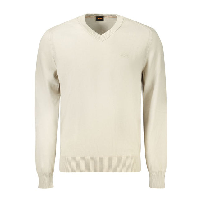 Beige Cotton Men SweaterElevate your wardrobe with the impeccable sophistication of Hugo Boss. This long-sleeved V-neck T-shirt is a testament to understated luxury. Crafted from a sumptuous blend of 85% cotton and kapok, it offers unparalleled comfort wi