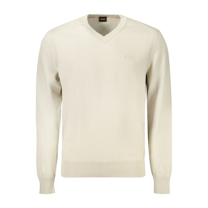 Beige Cotton Men SweaterElevate your wardrobe with the impeccable sophistication of Hugo Boss. This long-sleeved V-neck T-shirt is a testament to understated luxury. Crafted from a sumptuous blend of 85% cotton and kapok, it offers unparalleled comfort wi