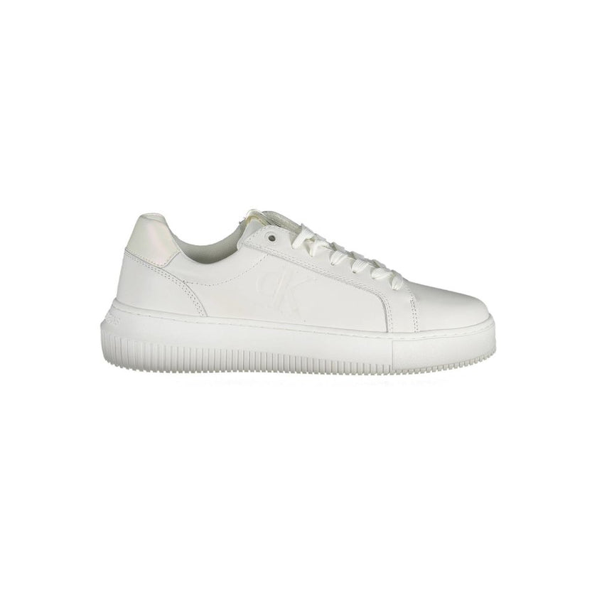 White Leather Women SneakerStep out in sleek, sporty style with these Calvin Klein sneakers. Featuring a crisp white hue accented with eye-catching contrasting details, these shoes are a must-have for fashion-forward enthusiasts. Lace them up to experienc