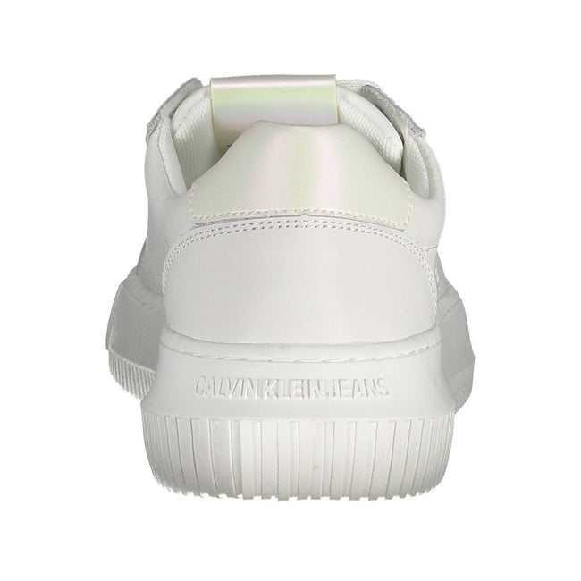 White Leather Women SneakerStep out in sleek, sporty style with these Calvin Klein sneakers. Featuring a crisp white hue accented with eye-catching contrasting details, these shoes are a must-have for fashion-forward enthusiasts. Lace them up to experienc