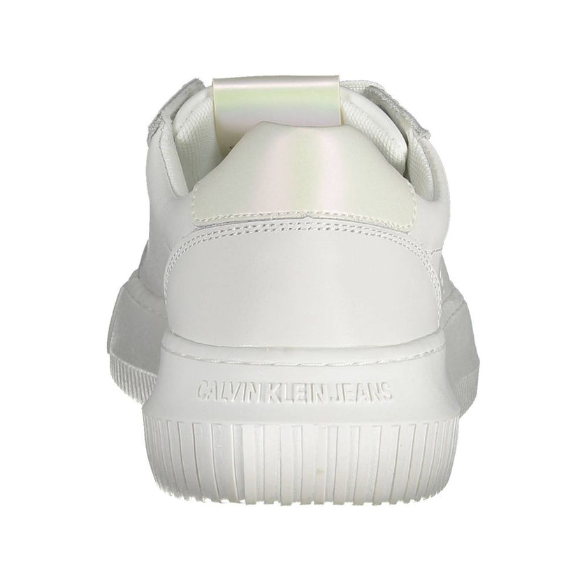 White Leather Women SneakerStep out in sleek, sporty style with these Calvin Klein sneakers. Featuring a crisp white hue accented with eye-catching contrasting details, these shoes are a must-have for fashion-forward enthusiasts. Lace them up to experienc