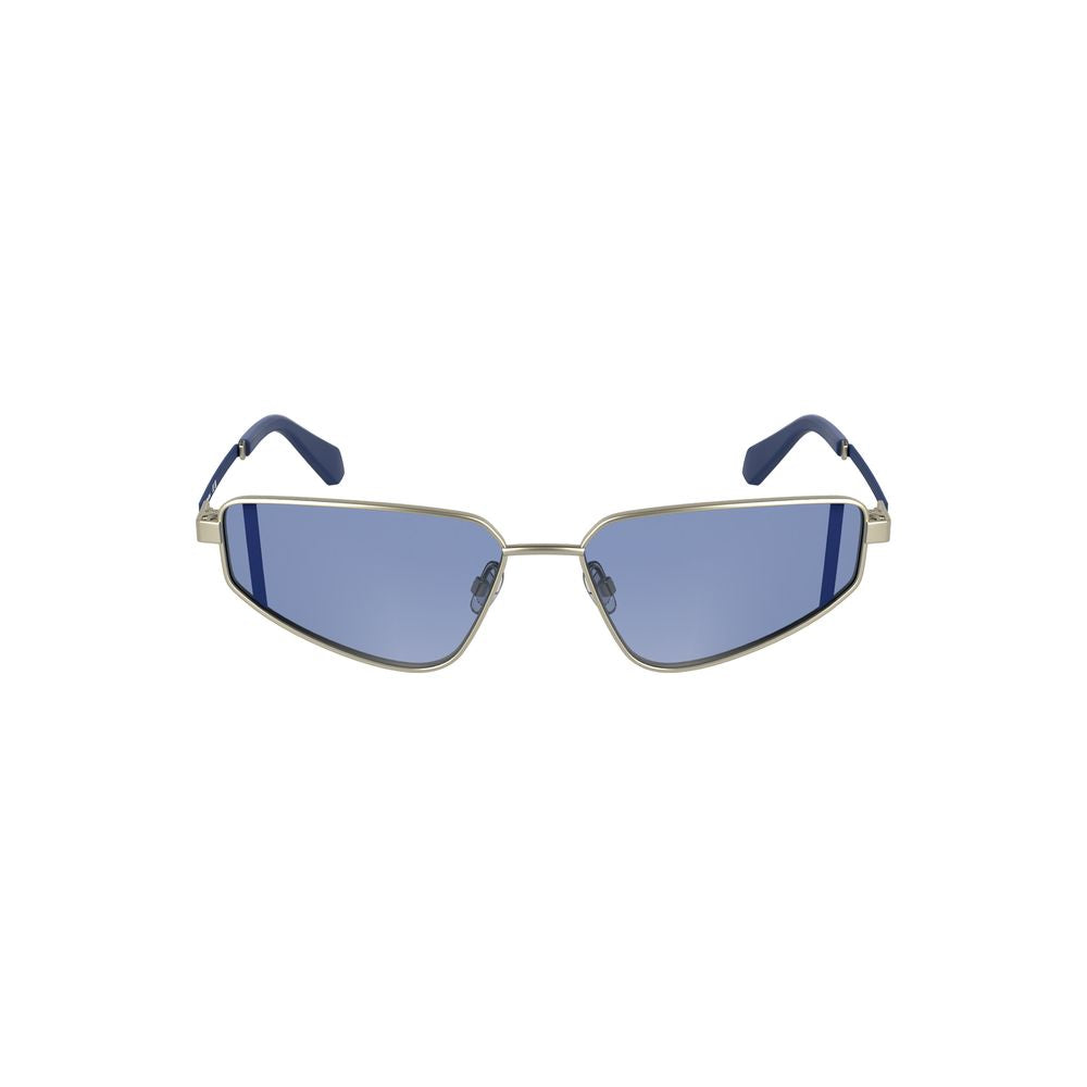 Gray Metal Women SunglassesInfuse your vision with a touch of refined elegance with these Calvin Klein sunglasses. Crafted for the fashion-forward, these metal frames boast a sleek rectangular design, complemented by the cool allure of blue lenses. Perfec