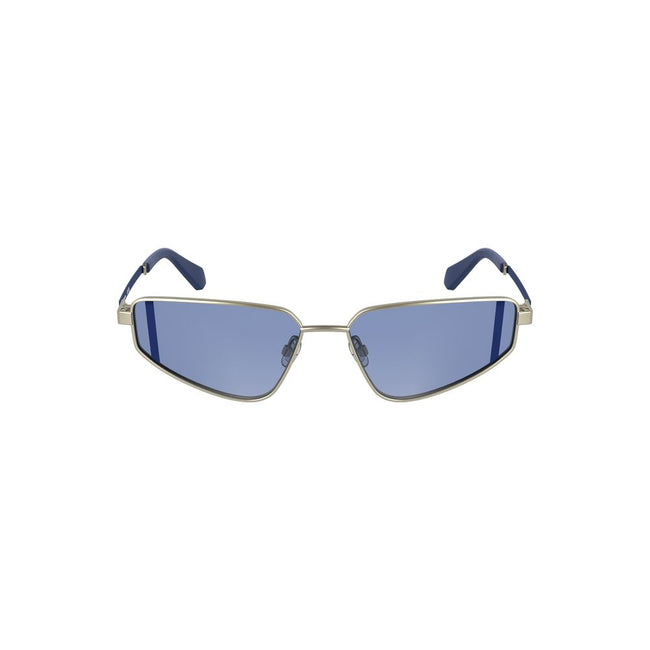 Gray Metal Women SunglassesInfuse your vision with a touch of refined elegance with these Calvin Klein sunglasses. Crafted for the fashion-forward, these metal frames boast a sleek rectangular design, complemented by the cool allure of blue lenses. Perfec