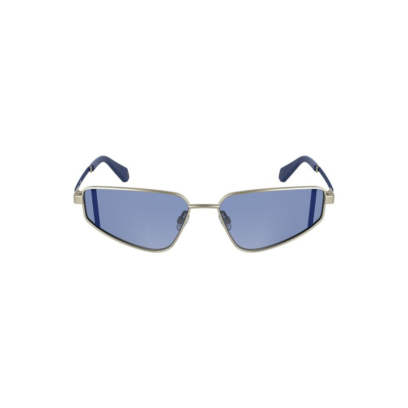 Gray Metal Women SunglassesInfuse your vision with a touch of refined elegance with these Calvin Klein sunglasses. Crafted for the fashion-forward, these metal frames boast a sleek rectangular design, complemented by the cool allure of blue lenses. Perfec