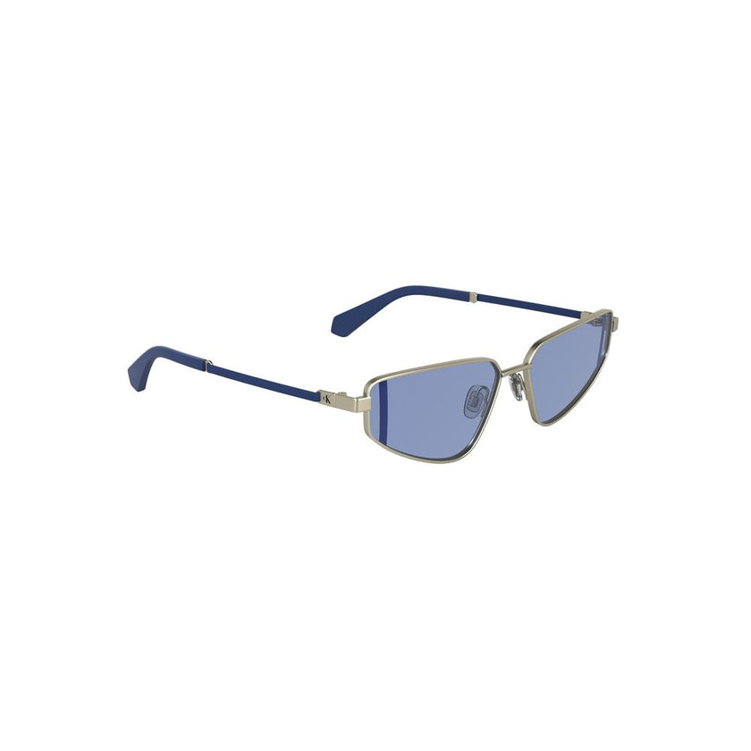 Gray Metal Women SunglassesInfuse your vision with a touch of refined elegance with these Calvin Klein sunglasses. Crafted for the fashion-forward, these metal frames boast a sleek rectangular design, complemented by the cool allure of blue lenses. Perfec