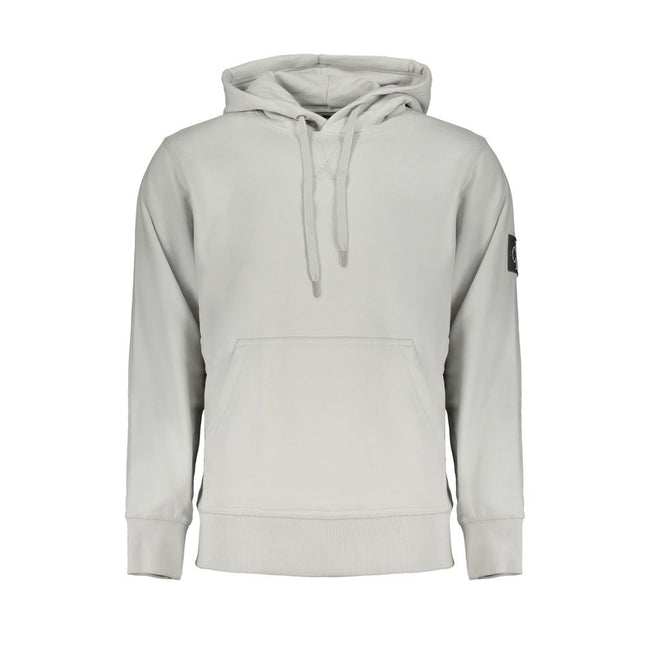 Gray Cotton Men SweaterElevate your wardrobe with the timeless sophistication of Calvin Klein. This sleek, gray hooded sweatshirt is crafted from a plush 95% regenerative cotton blend, offering an eco-friendly approach to luxury fashion. Featuring a centr