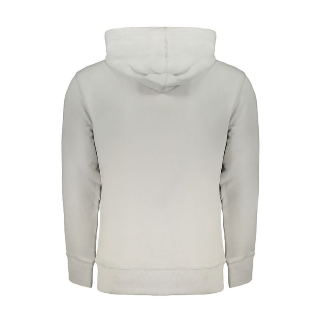 Gray Cotton Men SweaterElevate your wardrobe with the timeless sophistication of Calvin Klein. This sleek, gray hooded sweatshirt is crafted from a plush 95% regenerative cotton blend, offering an eco-friendly approach to luxury fashion. Featuring a centr