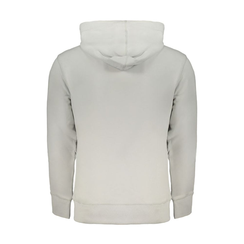 Gray Cotton Men SweaterElevate your wardrobe with the timeless sophistication of Calvin Klein. This sleek, gray hooded sweatshirt is crafted from a plush 95% regenerative cotton blend, offering an eco-friendly approach to luxury fashion. Featuring a centr