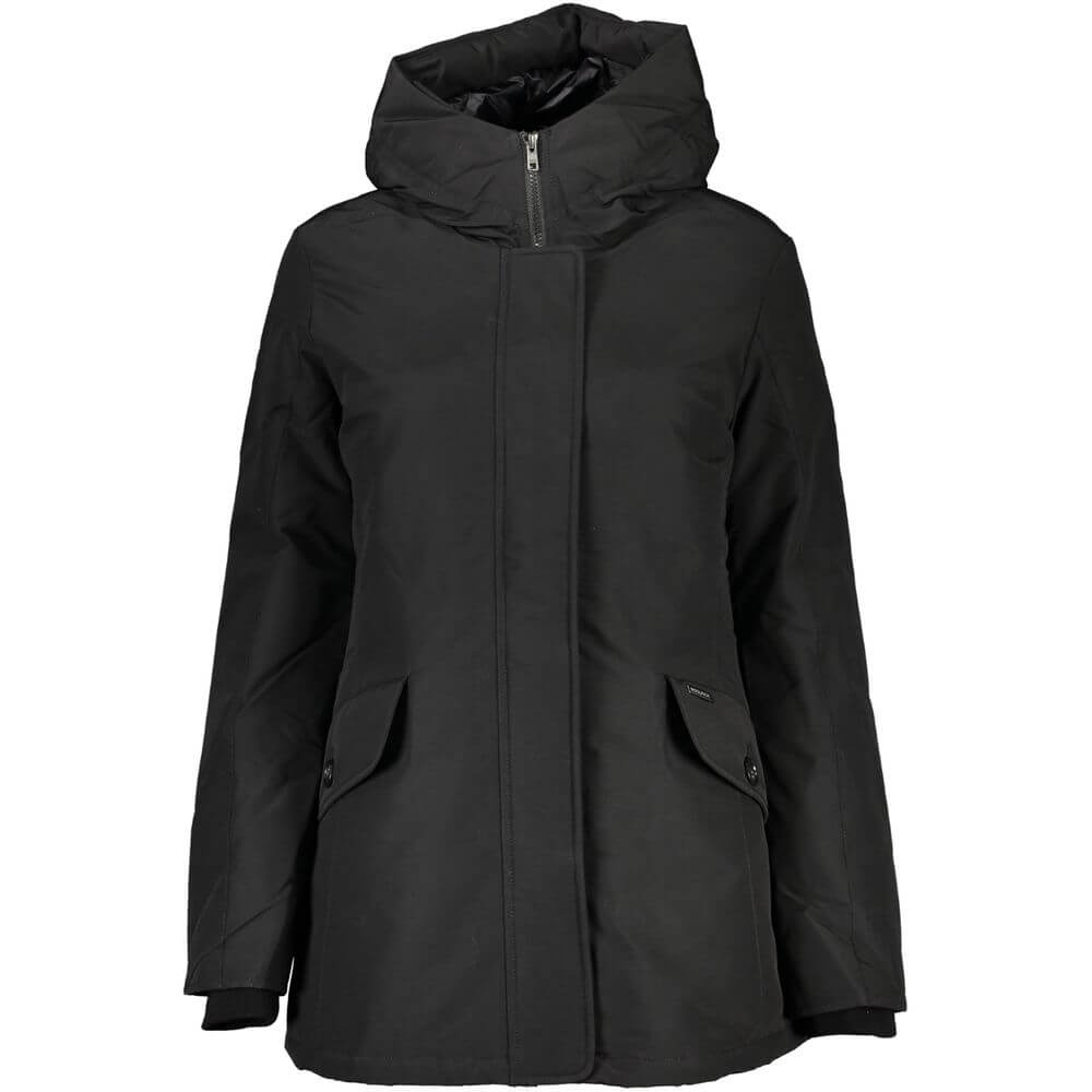 Black Cotton Jackets & CoatLONG SLEEVED JACKET WITH HOOD, 2 POCKETS, ZIP AND BUTTONS, LOGOBlack Cotton Jackets & Coat${tagsWoolrichAulae Black Cotton Jackets & Coat WoolrichAulae Black Cotton Jackets & Coat LONG SLEEVED JACKET WITH HOOD, 2 POCKETS, ZIP AN