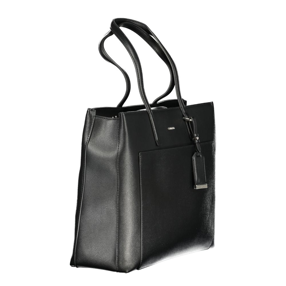 Black Polyethylene Women HandbagDiscover the epitome of modern elegance with this Calvin Klein handbag. Crafted with meticulous attention to detail, it boasts contrasting accents that set the tone for a bold fashion statement. Keep your essentials organiz