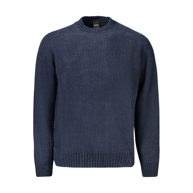 Blue Cotton Men SweaterWrap yourself in the epitome of style with this Hugo Boss chenille sweater. Exuding confidence and crafted from 100% cotton for unparalleled comfort, it’s the perfect blend of fashion and function. Its striking blue hue and discreet