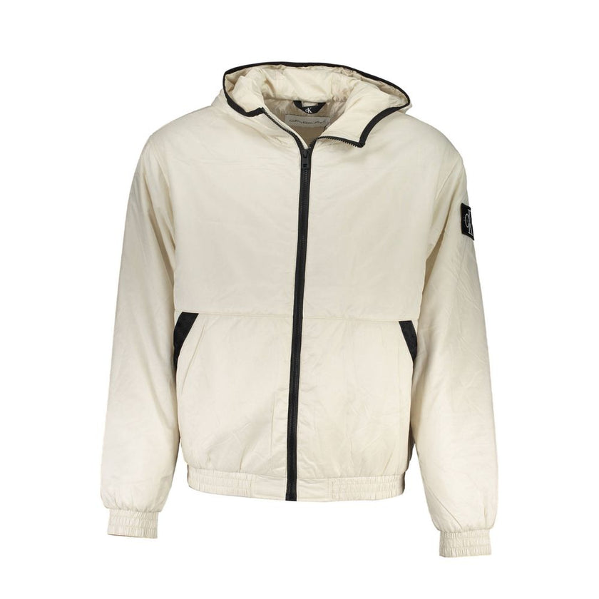 Beige Polyester Men JacketExperience eco-conscious luxury with this Calvin Klein hooded jacket, a perfect blend of sustainability and style. Crafted from 100% recycled polyester, it’s designed to make a statement while keeping you warm with a lightweight
