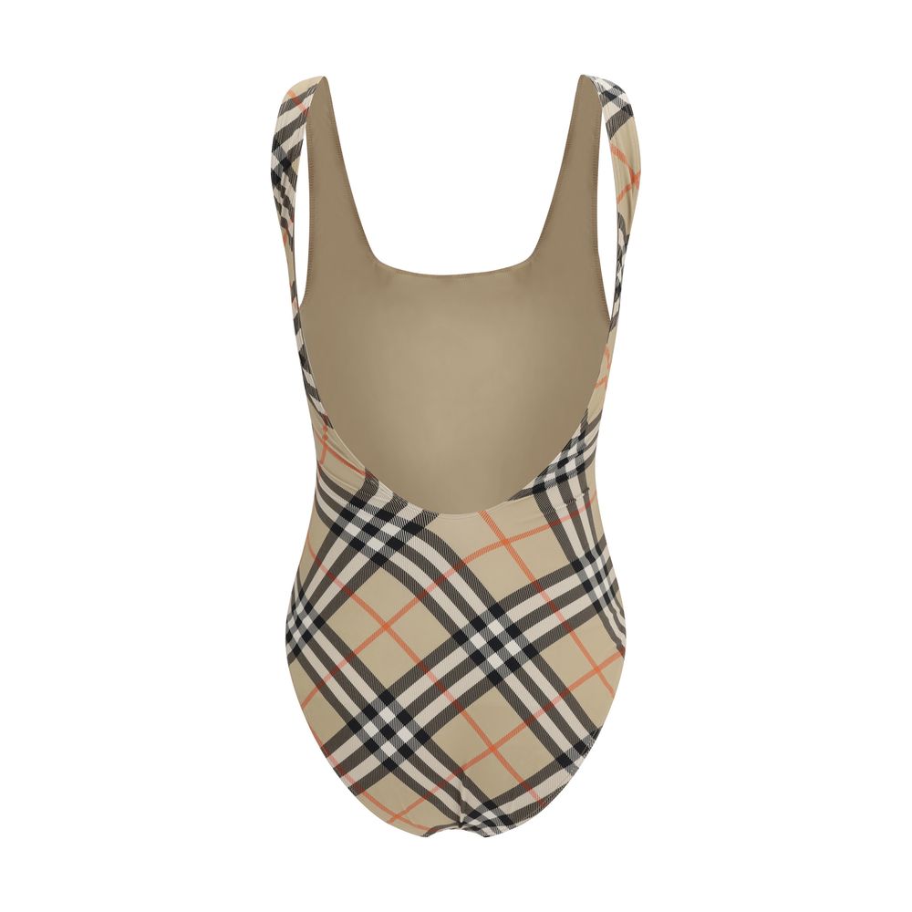 Multicolor Polyester One-Piece SwimsuitBurberry’s One Piece Swimsuit is an elegant and iconic design embellished with an all-over Archivio Check pattern. It features a straight neckline, thin straps and a deep back neckline for a feminine and refined silh