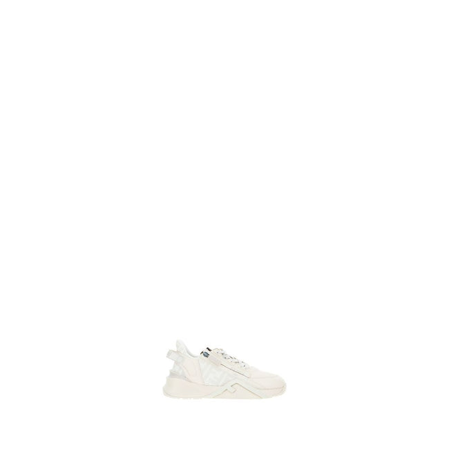 White Calf Leather Bos Taurus Athletic SneakersFlow Running Sneakers by Fendi, raised sole on heel, tone-on-tone brand logo pressure-etched on heel, lace-up front closure, geometric eyelets, contrasting brand monogram on side panel, elongated toe, zipper
