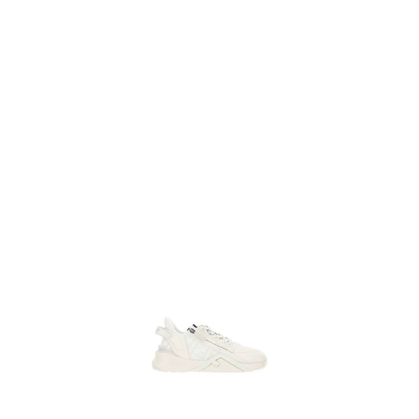 White Calf Leather Bos Taurus Athletic SneakersFlow Running Sneakers by Fendi, raised sole on heel, tone-on-tone brand logo pressure-etched on heel, lace-up front closure, geometric eyelets, contrasting brand monogram on side panel, elongated toe, zipper