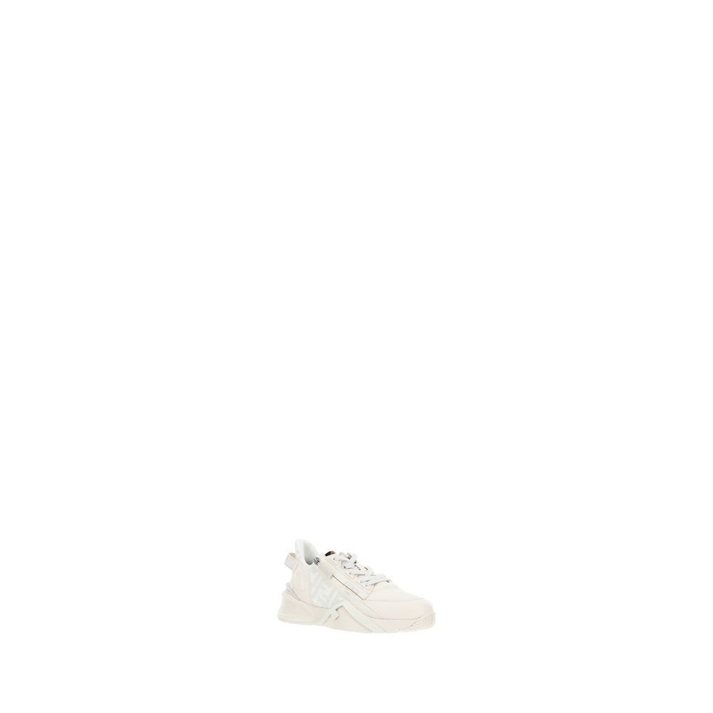 White Calf Leather Bos Taurus Athletic SneakersFlow Running Sneakers by Fendi, raised sole on heel, tone-on-tone brand logo pressure-etched on heel, lace-up front closure, geometric eyelets, contrasting brand monogram on side panel, elongated toe, zipper