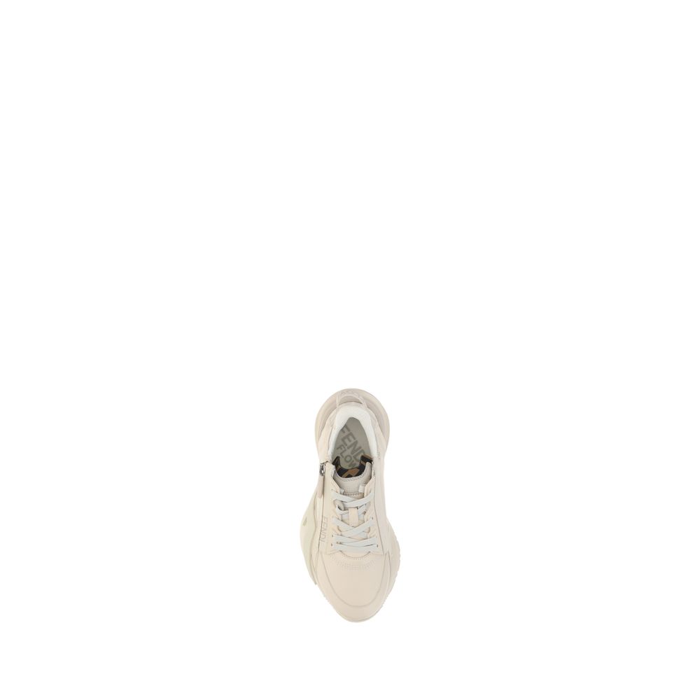 White Calf Leather Bos Taurus Athletic SneakersFlow Running Sneakers by Fendi, raised sole on heel, tone-on-tone brand logo pressure-etched on heel, lace-up front closure, geometric eyelets, contrasting brand monogram on side panel, elongated toe, zipper