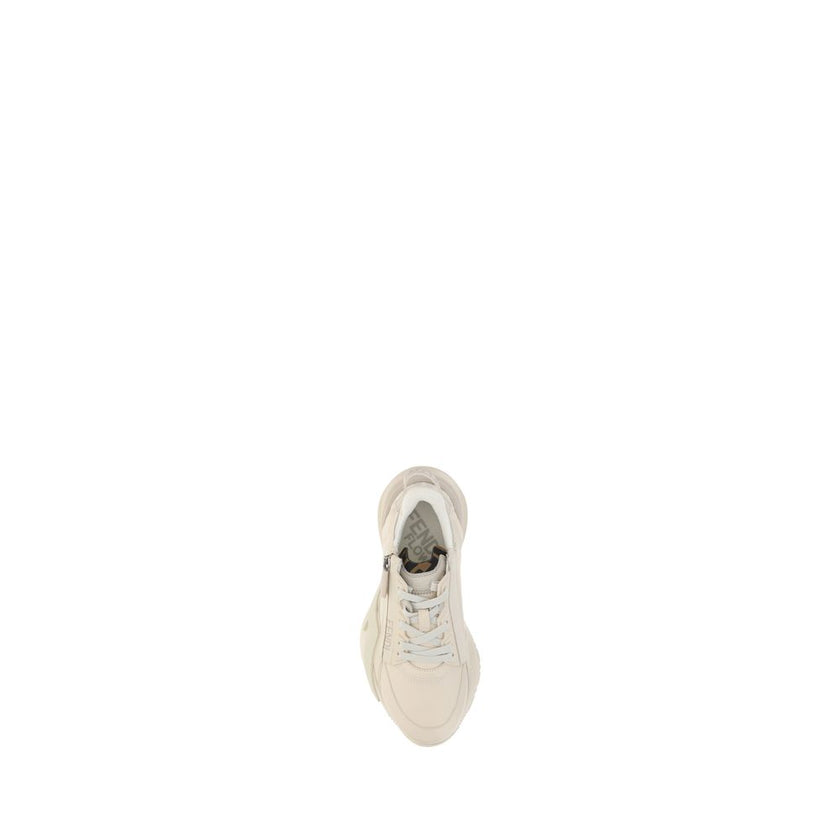 White Calf Leather Bos Taurus Athletic SneakersFlow Running Sneakers by Fendi, raised sole on heel, tone-on-tone brand logo pressure-etched on heel, lace-up front closure, geometric eyelets, contrasting brand monogram on side panel, elongated toe, zipper
