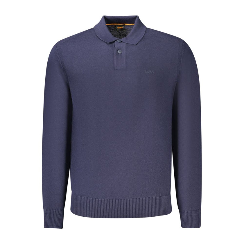 Blue Wool Mens SweaterDress in sophistication with this Hugo Boss long-sleeved sweater, epitomizing the blend of luxury and casual style. The striking blue hue is perfectly complemented by the distinctive Hugo Boss embroidery and logo, adding that touch o