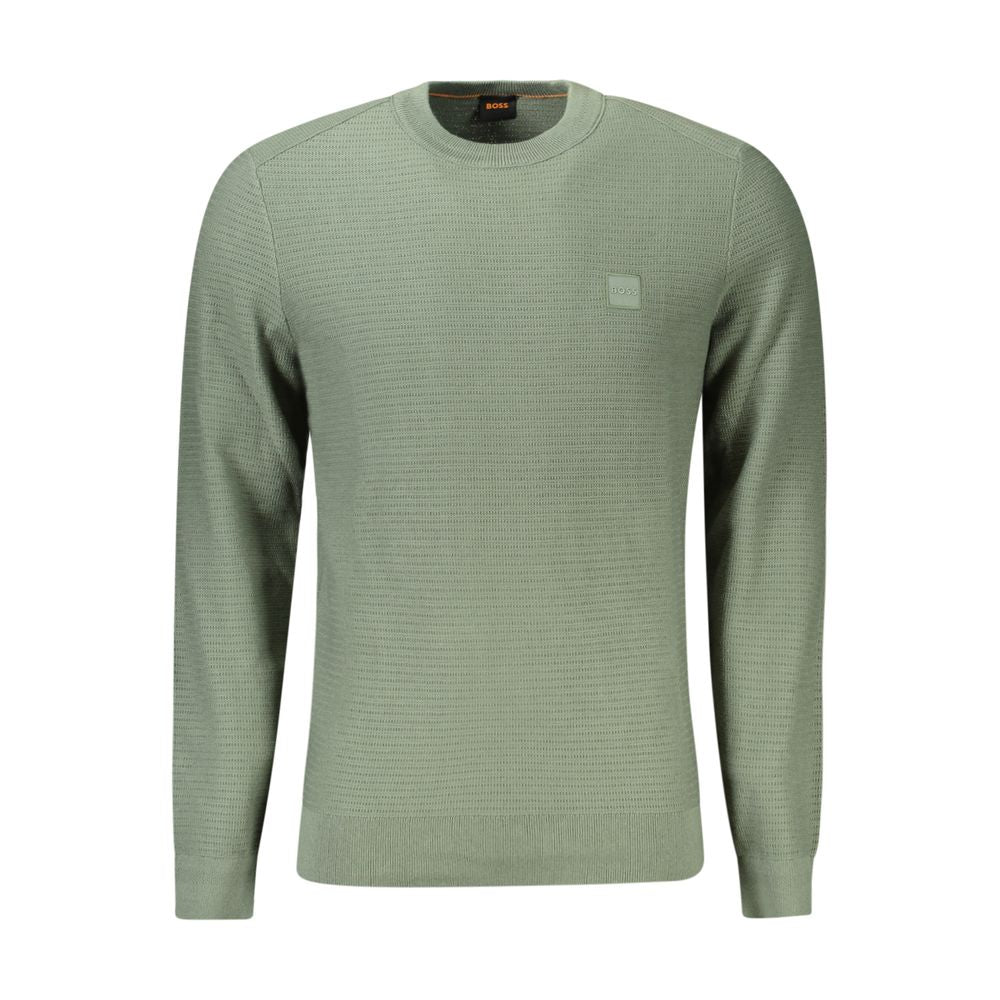 Green Cotton Men SweaterElevate your wardrobe with the epitome of sophistication – the Hugo Boss Long Sleeved Sweater. Designed for the trendsetters, this crew neck piece melds comfort and style, featuring a suave green hue complemented by contrasting det