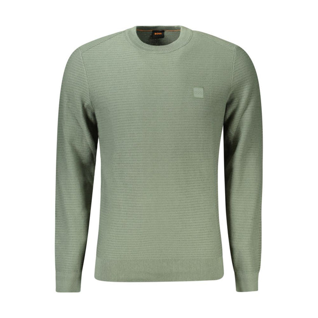 Green Cotton Men SweaterElevate your wardrobe with the epitome of sophistication – the Hugo Boss Long Sleeved Sweater. Designed for the trendsetters, this crew neck piece melds comfort and style, featuring a suave green hue complemented by contrasting det