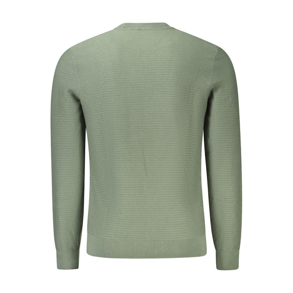 Green Cotton Men SweaterElevate your wardrobe with the epitome of sophistication – the Hugo Boss Long Sleeved Sweater. Designed for the trendsetters, this crew neck piece melds comfort and style, featuring a suave green hue complemented by contrasting det