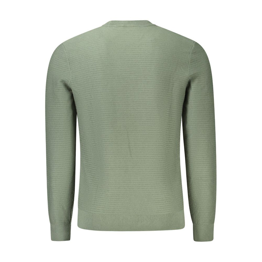Green Cotton Men SweaterElevate your wardrobe with the epitome of sophistication – the Hugo Boss Long Sleeved Sweater. Designed for the trendsetters, this crew neck piece melds comfort and style, featuring a suave green hue complemented by contrasting det