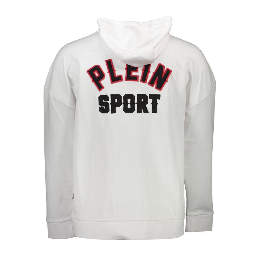 White Cotton Men's SweaterElevate your athleisure game with the Plein Sport hooded sweatshirt, a harmonious blend of function and fashion. Crafted for the bold and the fearless, it boasts stark contrasting details, assertively complementing the crisp whit