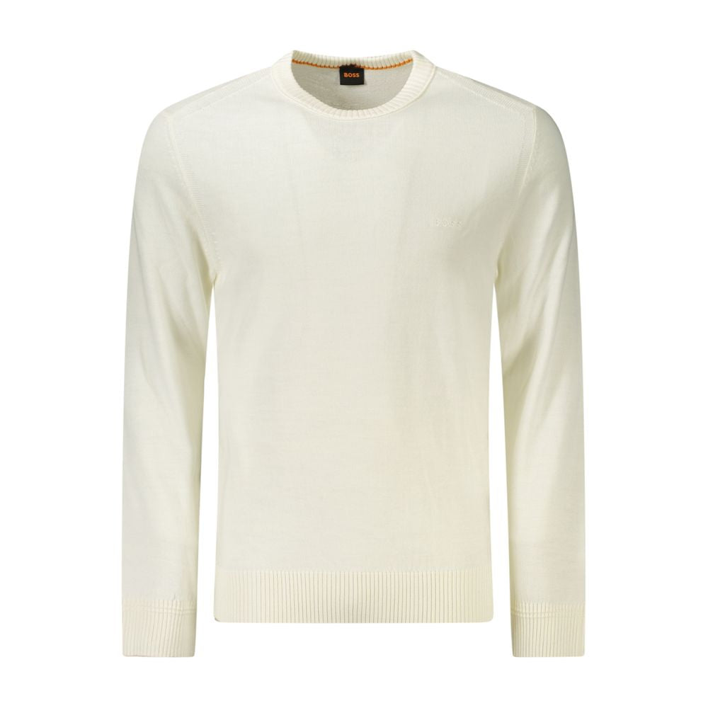 White Wool Men SweaterElevate your knitwear collection with this impeccably stylish Hugo Boss long-sleeved t-shirt—where luxury meets everyday wear. Its crew neck and sophisticated embroidery logo lend a touch of class to any ensemble. Crafted from a warm
