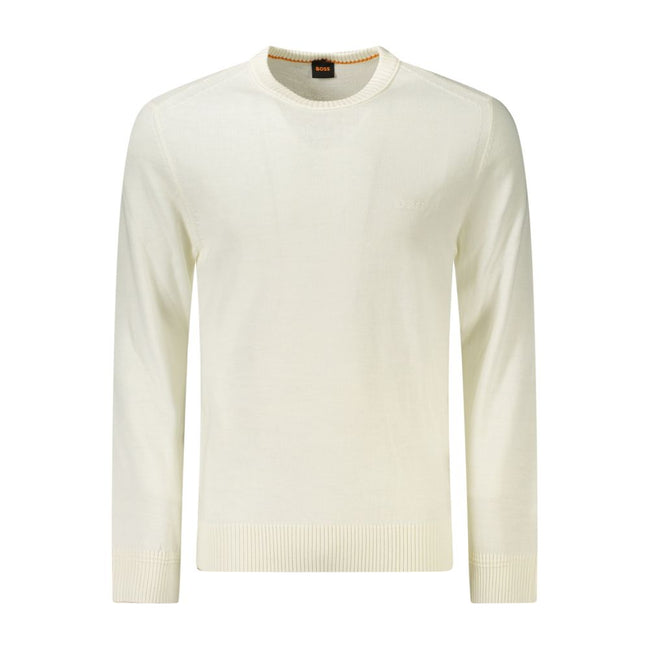 White Wool Men SweaterElevate your knitwear collection with this impeccably stylish Hugo Boss long-sleeved t-shirt—where luxury meets everyday wear. Its crew neck and sophisticated embroidery logo lend a touch of class to any ensemble. Crafted from a warm