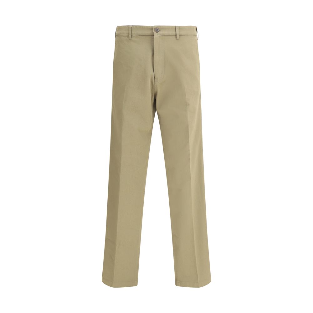 Beige Cotton Chino PantsPrada’s chino Pants offer essential elegance with contemporary style. Featuring a front zipper and button closure, they feature two side welt pockets and back pockets, one of which is embellished with the brand’s iconic logo. Waist