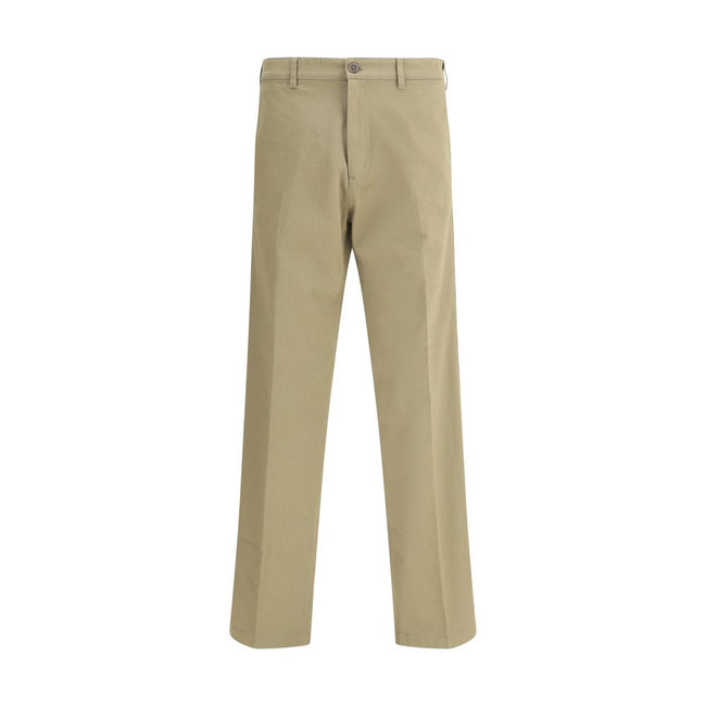 Beige Cotton Chino PantsPrada’s chino Pants offer essential elegance with contemporary style. Featuring a front zipper and button closure, they feature two side welt pockets and back pockets, one of which is embellished with the brand’s iconic logo. Waist