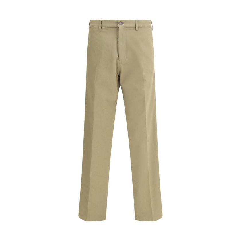 Beige Cotton Chino PantsPrada’s chino Pants offer essential elegance with contemporary style. Featuring a front zipper and button closure, they feature two side welt pockets and back pockets, one of which is embellished with the brand’s iconic logo. Waist