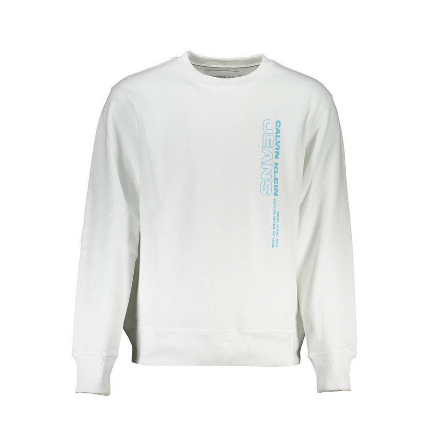 White Cotton Men SweaterUnleash your penchant for timeless style with this epitome of comfort from Calvin Klein. This suave, long-sleeved sweatshirt boasts a classic crew neck design, elevated by the iconic Calvin Klein logo emblazoned with a modern twist