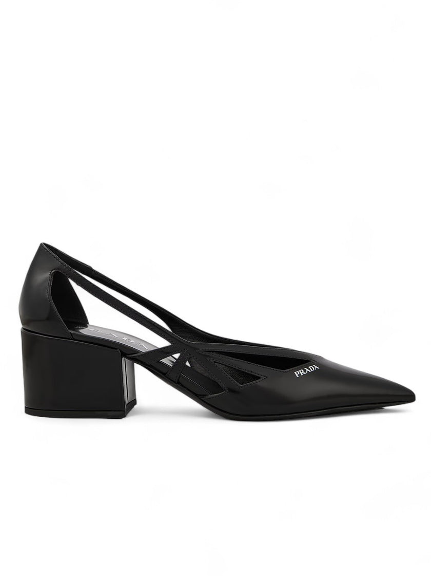 Black Leather Cut-Out Pumps 55PRADA Gorgeous brand new with tags, Satin And Metallic Leather Pumps Model: 1I741N1FDB55 Color: Black Material: Leather Leather upper , Leather lining , Leather insole , Rubber sole , Tapered toe cap, Brand logo Heel : 55 mm