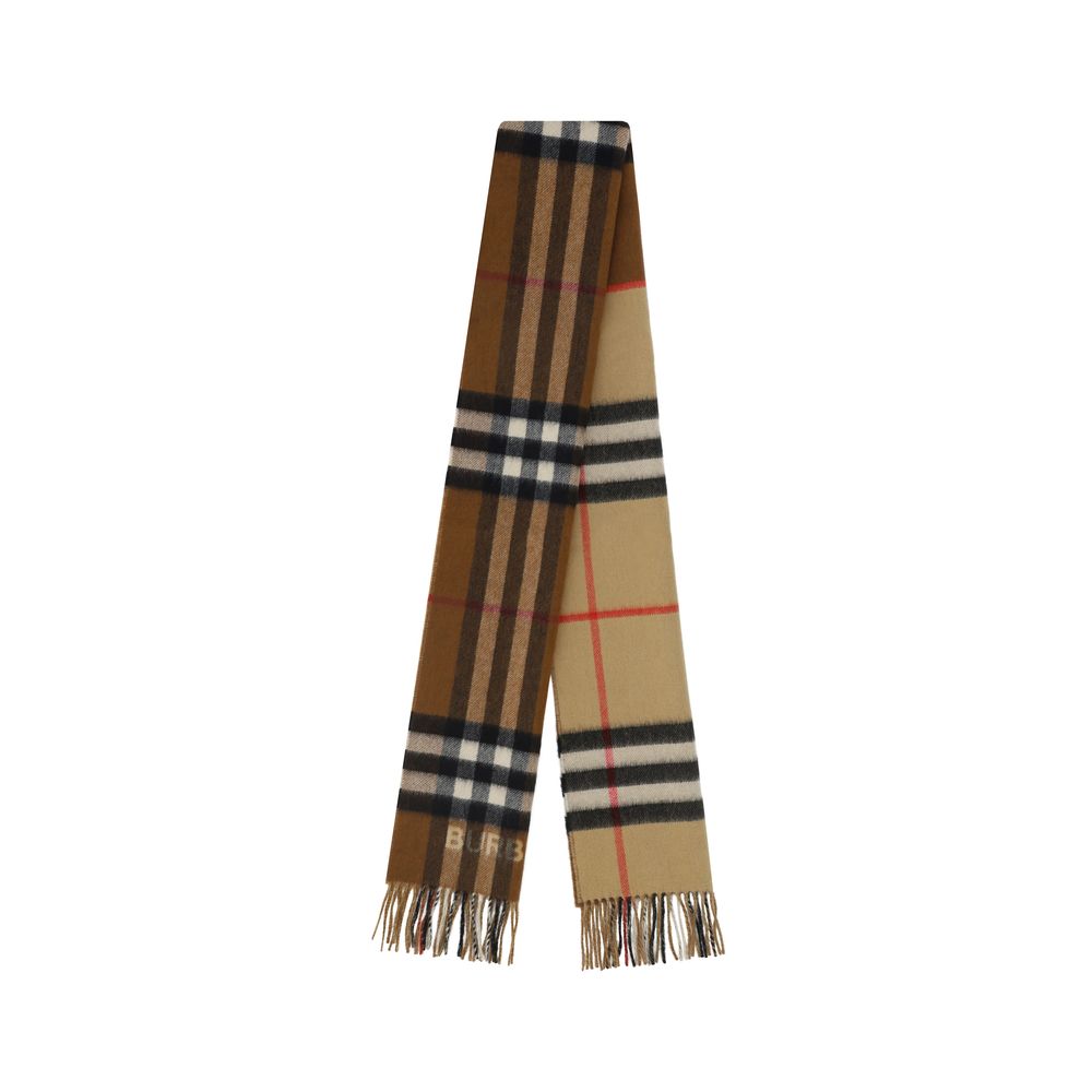 Brown Cashmere ScarfThe Burberry Cashmere Scarf is embellished with the iconic Archivio Check pattern on both the front and back, a distinctive symbol of the brand. The frayed edges add a touch of natural elegance, while the contrasting embroidered monogr