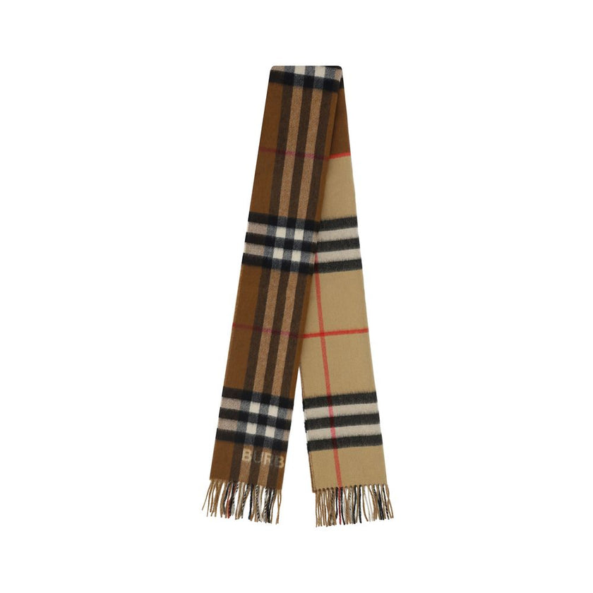 Brown Cashmere ScarfThe Burberry Cashmere Scarf is embellished with the iconic Archivio Check pattern on both the front and back, a distinctive symbol of the brand. The frayed edges add a touch of natural elegance, while the contrasting embroidered monogr