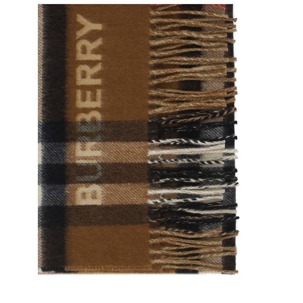 Brown Cashmere ScarfThe Burberry Cashmere Scarf is embellished with the iconic Archivio Check pattern on both the front and back, a distinctive symbol of the brand. The frayed edges add a touch of natural elegance, while the contrasting embroidered monogr