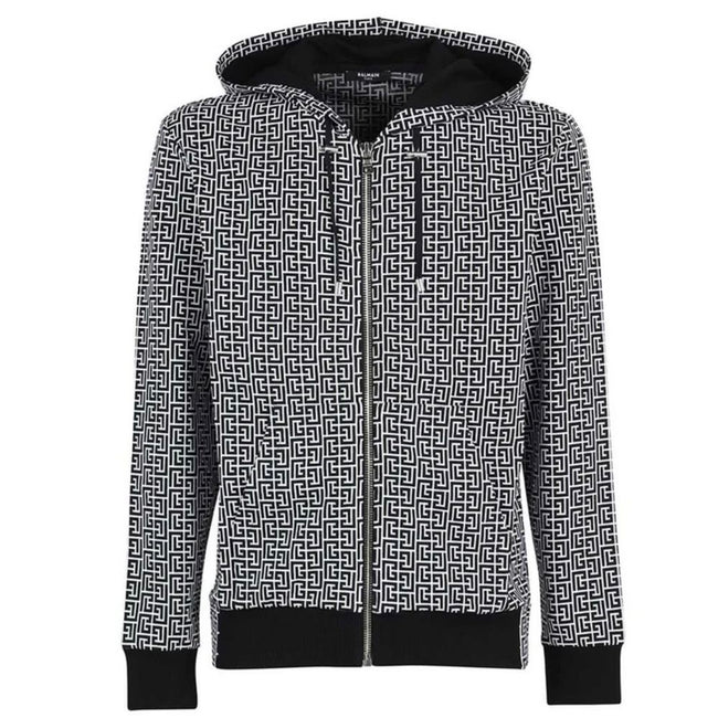 Black Cotton Men's SweaterUnleash your inner fashionista with the striking Balmain Monogram Hooded Sweatshirt. Exuding edge and luxury, it’s a not-so-subtle nod to high fashion with its iconic monogram print. Crafted in Italy, this cotton masterpiece feat