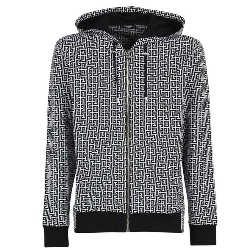 Black Cotton Men's SweaterUnleash your inner fashionista with the striking Balmain Monogram Hooded Sweatshirt. Exuding edge and luxury, it’s a not-so-subtle nod to high fashion with its iconic monogram print. Crafted in Italy, this cotton masterpiece feat