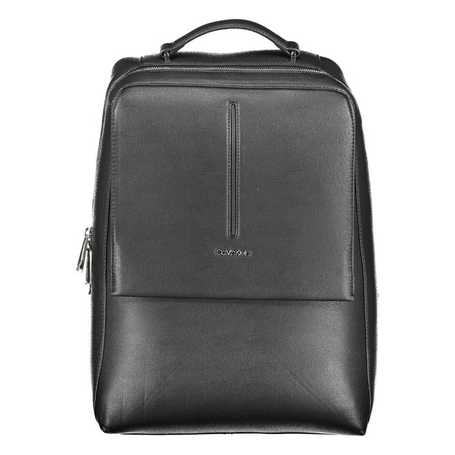 Black Polyester Men BackpackDiscover the epitome of urban sophistication with this Calvin Klein backpack. Crafted with a conscientious approach to fashion, it boasts a sleek black finish complemented by contrasting details, offering a bold statement piece