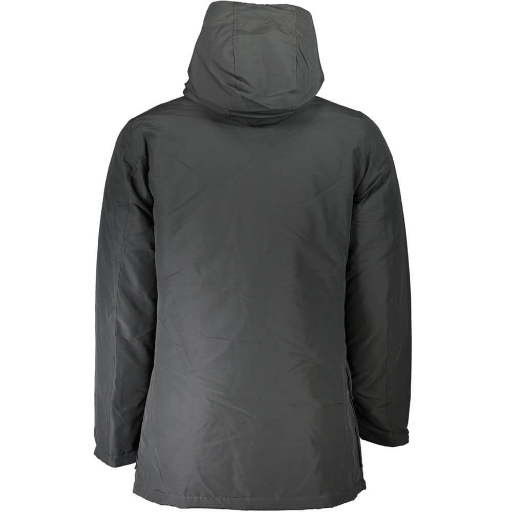 Gray Cotton Men JacketElevate your outerwear game with the Woolrich long-sleeved parka. Designed to seamlessly blend practicality with style, this hooded marvel features a quartet of pockets for all your essentials. Fastened with both zip and buttons, it’
